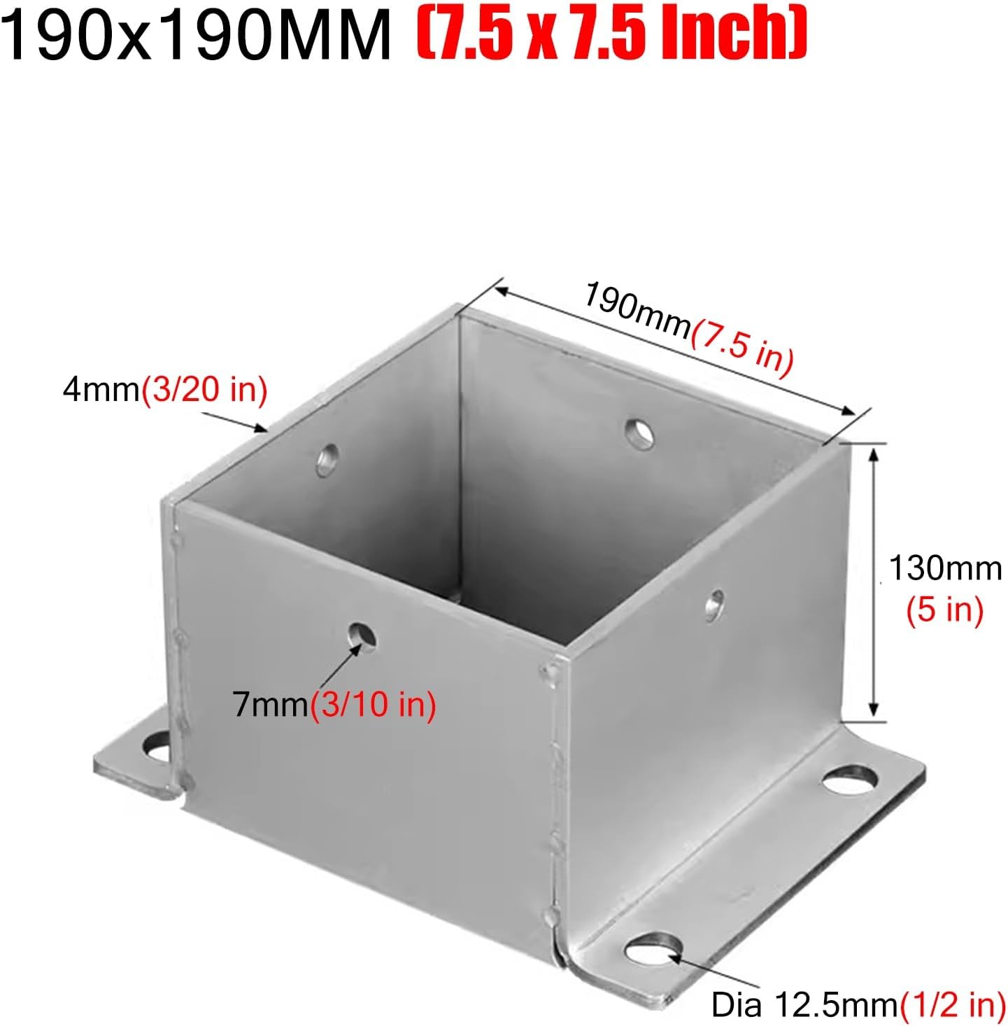 4 Pack Wood Fence Post Base Brackets, Concrete Post Anchor for Deck Railing/Vinyl Fence/Mailbox, Enclosed Bottom Pergola Support Bracket with Installation Kit(190x190 mm (7.5x7.5 in))