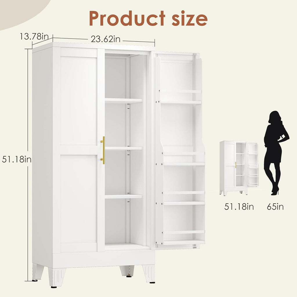 erosoei 51' H Metal Kitchen Pantry Storage Cabinet,Storage Cabinets with Doors and Adjustable Shelves,Freestanding Food Pantry Cabinet Cupboard for Living Room,Dinning Room（White）