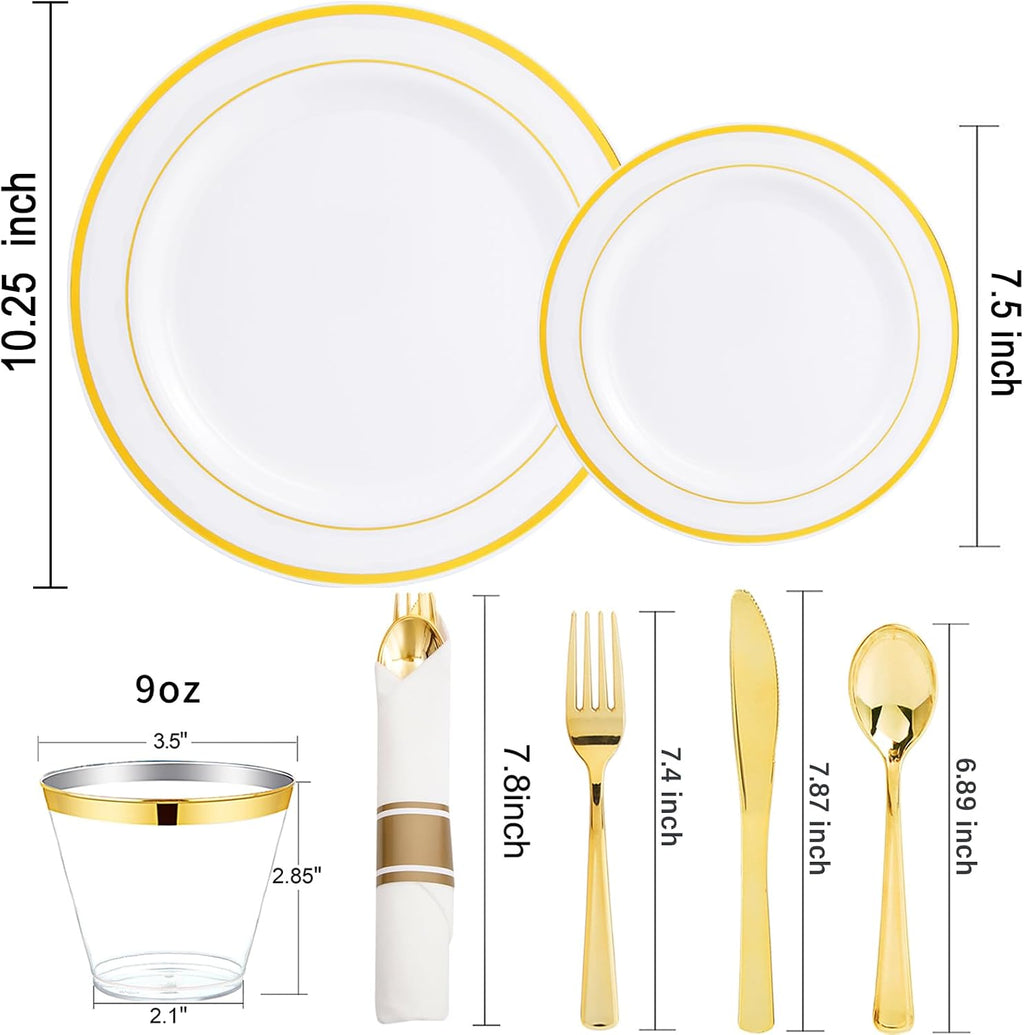 WELLIFE 700 Pcs Gold Plastic Plates for 100 Guests - Disposable Dinnerware Set,Party Supplies Includes 200 Gold Plates,300 Plastic Silverware,100 Napkins,100 Cups for Party and Wedding