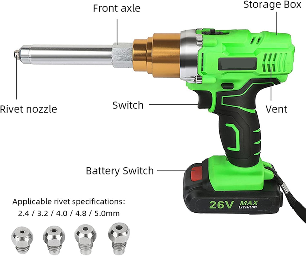 26V Cordless Electric Rivet Gun, 2.4Mm-5.0Mm Portable Rechargeable Blind Riveter with Led Light 2* Battery