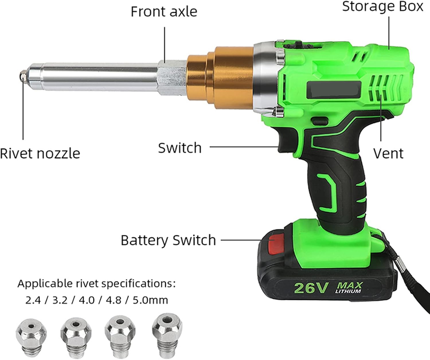 26V Cordless Electric Rivet Gun, 2.4Mm-5.0Mm Portable Rechargeable Blind Riveter with Led Light 2* Battery