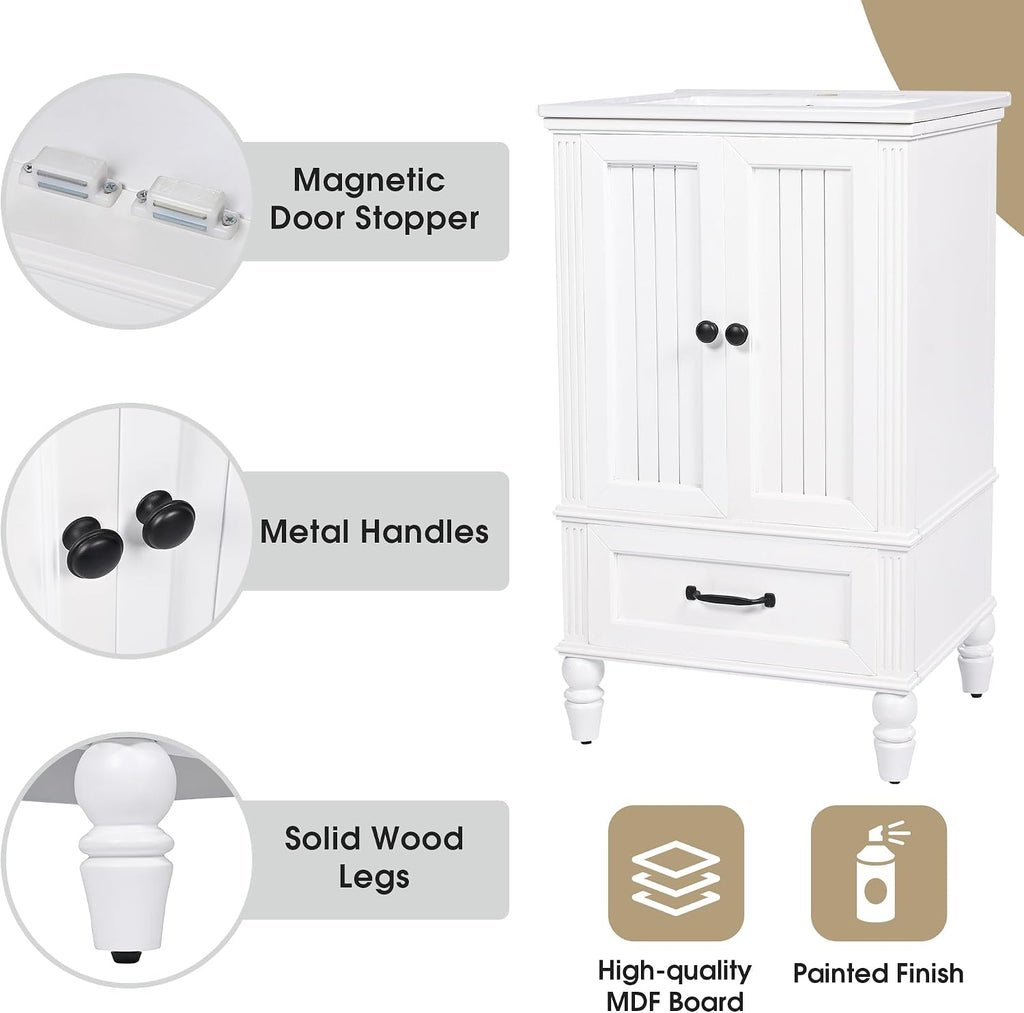 20' Bathroom Vanity With Sink Farmhouse MDF Fixture Stand Pedestal Bathroom Cabinet With Two Doors & A Drawer Magnetic Door Stopper Adiustable Foot Pads Freestanding Storage Cabinet For Bathroom White