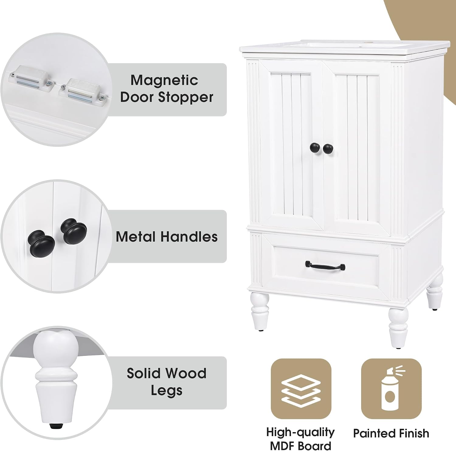 20' Bathroom Vanity With Sink Farmhouse MDF Fixture Stand Pedestal Bathroom Cabinet With Two Doors & A Drawer Magnetic Door Stopper Adiustable Foot Pads Freestanding Storage Cabinet For Bathroom White