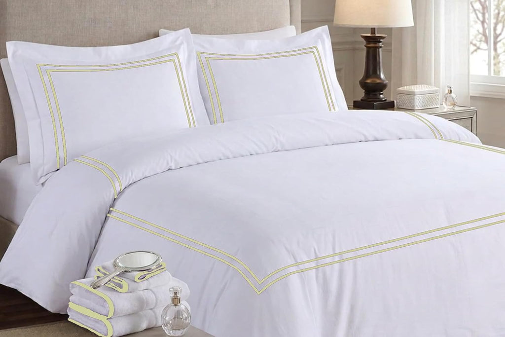 BedDecor Luxury 400-TC Egyptian Cotton 5PC Embroidered Duvet Cover Set with Beautiful 2-Stripe Embroidery(Beige, Full/Queen)