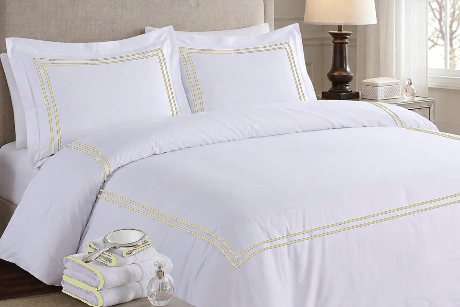 BedDecor Luxury 400-TC Egyptian Cotton 5PC Embroidered Duvet Cover Set with Beautiful 2-Stripe Embroidery(Beige, Full/Queen)