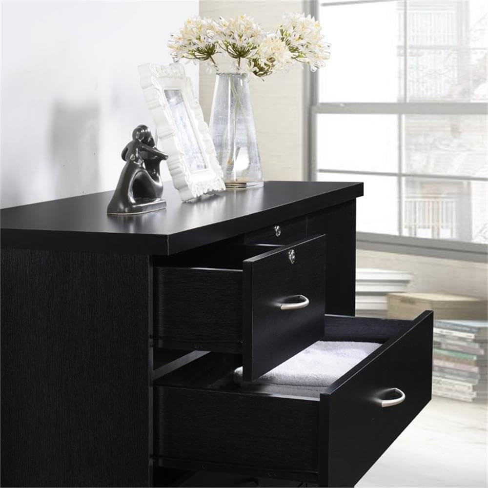 BOWERY HILL 7 Drawer Chest, Wood Construction, Black Finish, Lockable Top Drawers, Side Door with Shelves and Hanging Rod, Adjustable Cabinet Shelves, 48.6 in H x 47.2 in W x 17.6 in D