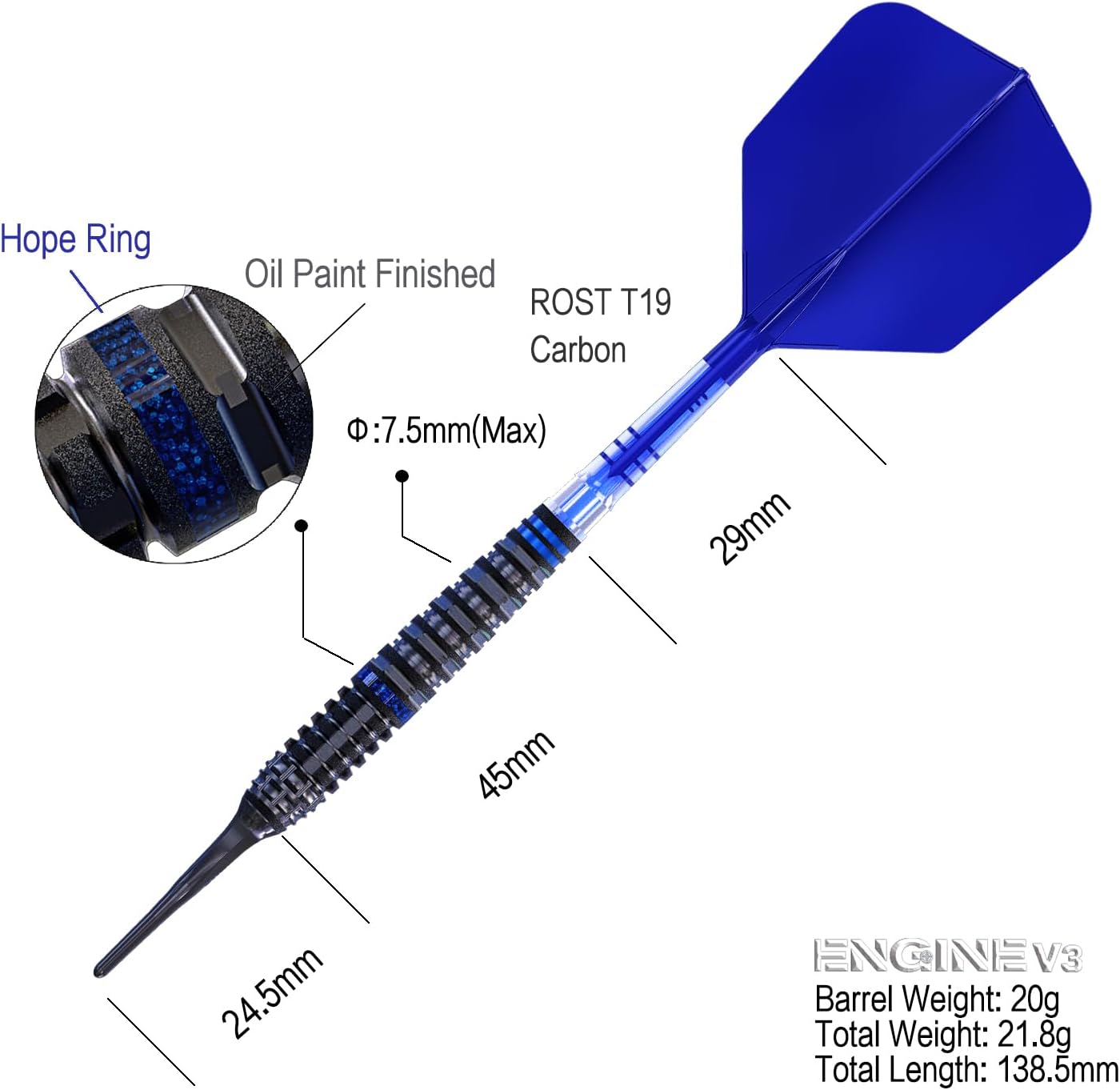 CUESOUL Engine 18/19/20/21g Soft Tip 90% Tungsten Dart Set with Oil Paint Finished and Unifying ROST T19 Carbon Flight