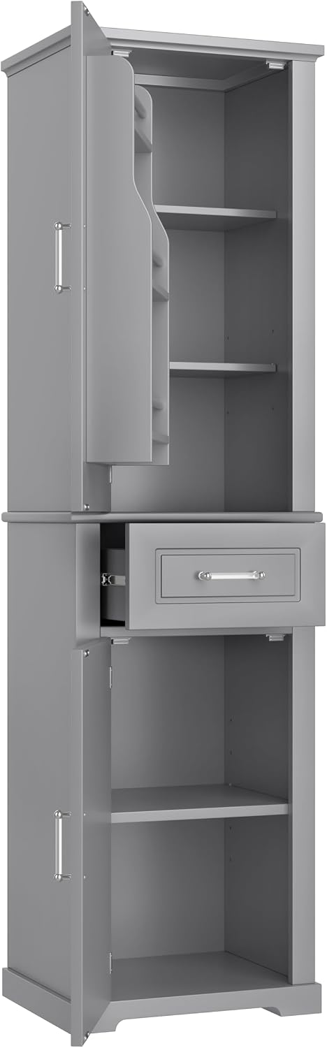 Tall Bathroom Storage Cabinet, Freestanding Bathroom Accent Storage Cabinet with Doors & Adjustable Shelves & Built-in Door Shelf for Home Kitchen, Living Room (Grey Style3)