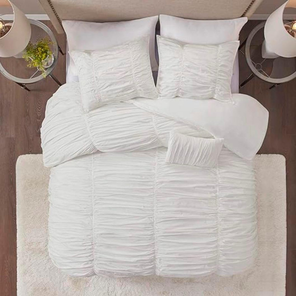 BedDecor 1 Piece Ruched Pattern Duvet Cover with Zipper & Corner Ties 100% Egyptian Cotton 500 Thread Count Premium Hotel Quality Decorative Bedding (White,Oversized King)