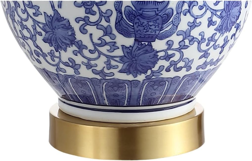 JONATHAN Y 25.25' Blue/White Ceramic Ginger Jar Table Lamp Set of 2, Traditional Brass Gold Base for Living Room Bedroom, White Linen Drum Shade, LED Bulbs Included JYL1072A-SET2