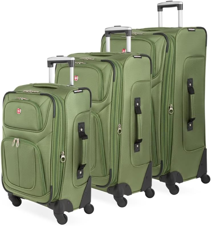 SWISSGEAR Sion Softside Expandable Spinner Luggage Durable Lightweight Travel Suitcase, Evergreen, 3-Piece Set (Carry-On/Medium/Large)