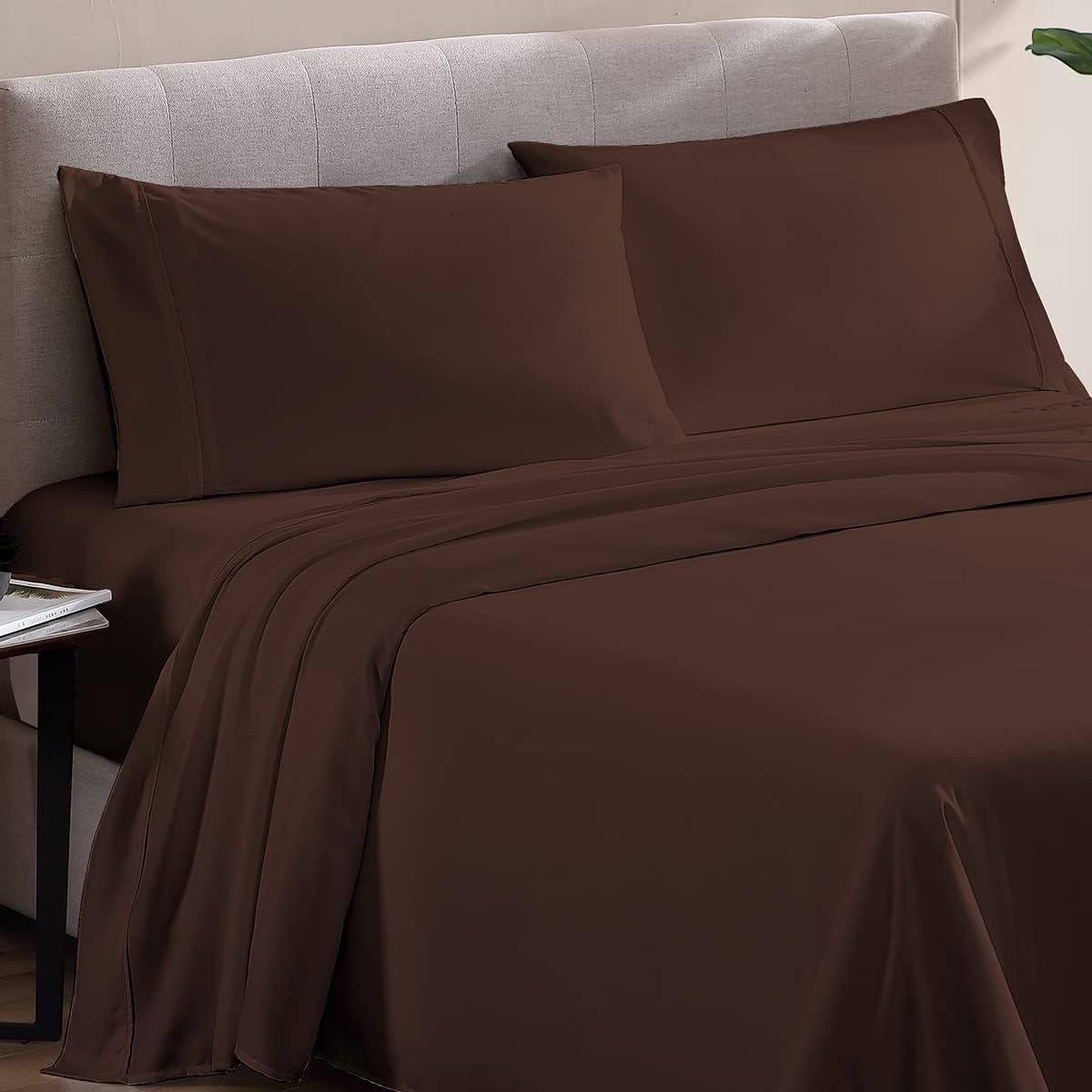 Olympic Queen Size Sheet Set, 1000 Thread Count Egyptian Cotton Sheets, Luxury Fits 6-9' Deep Pocket, Sateen, Hotel-Quality Sheet Set (Solid, Chocolate)