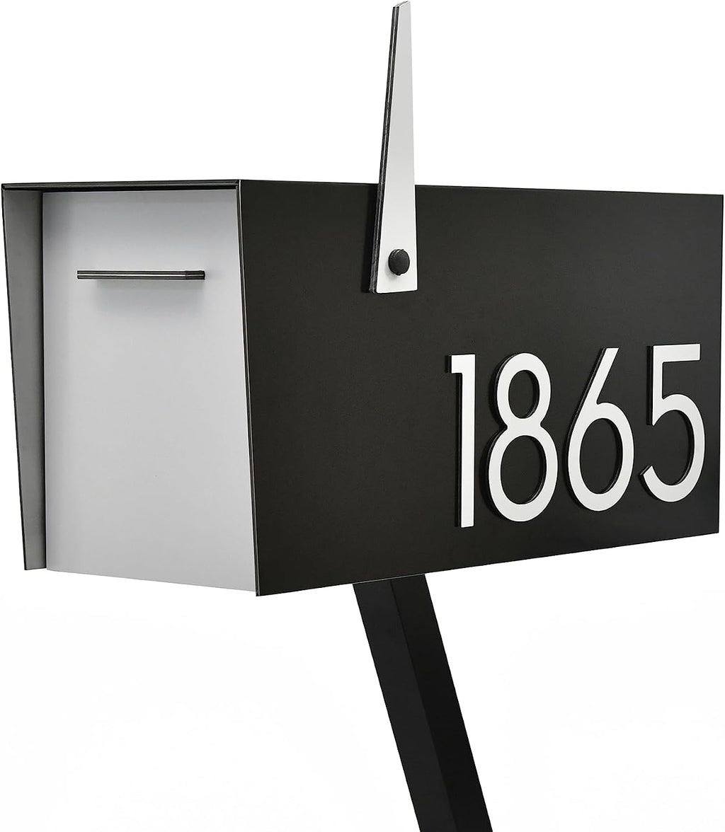Contemporary Post-Mount Mailbox - Aluminum Black Body with Aluminum Door, Numbers and Flag - Large Customized Mailbox - Type 4 (White)
