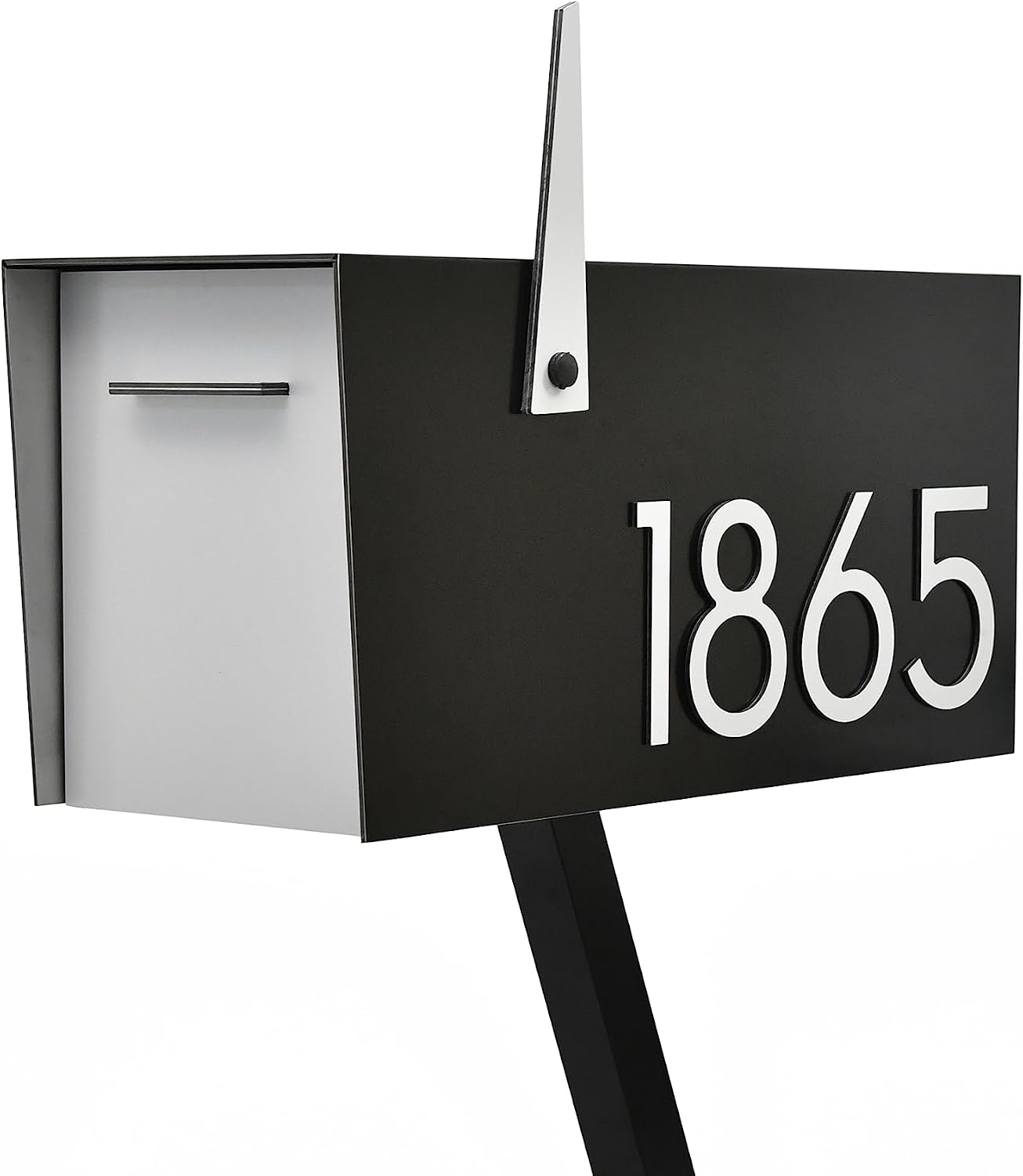 Contemporary Post-Mount Mailbox - Aluminum Black Body with Aluminum Door, Numbers and Flag - Large Customized Mailbox - Type 4 (White)