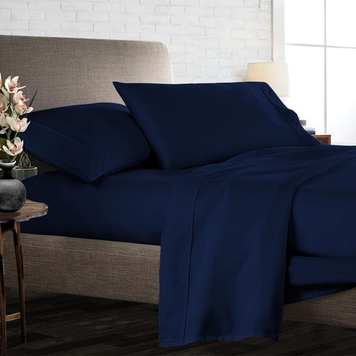 Olympic Queen Size Sheet Set, 1000 Thread Count Egyptian Cotton Sheets, Luxury Fits 6-9' Deep Pocket, Sateen, Hotel-Quality Sheet Set (Solid, Navy Blue)