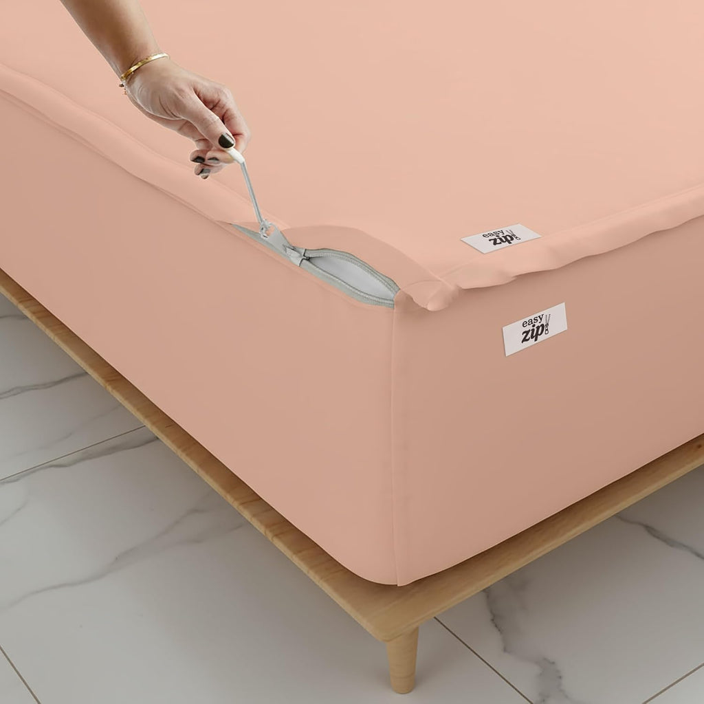 COTTON STICH 600 TC Zipper Fitted Sheet, 100% Egyptian Cotton, 18' Deep Pocket, Easy Zip Change, All-Around Secure Fit - Queen Size Bed - Blush
