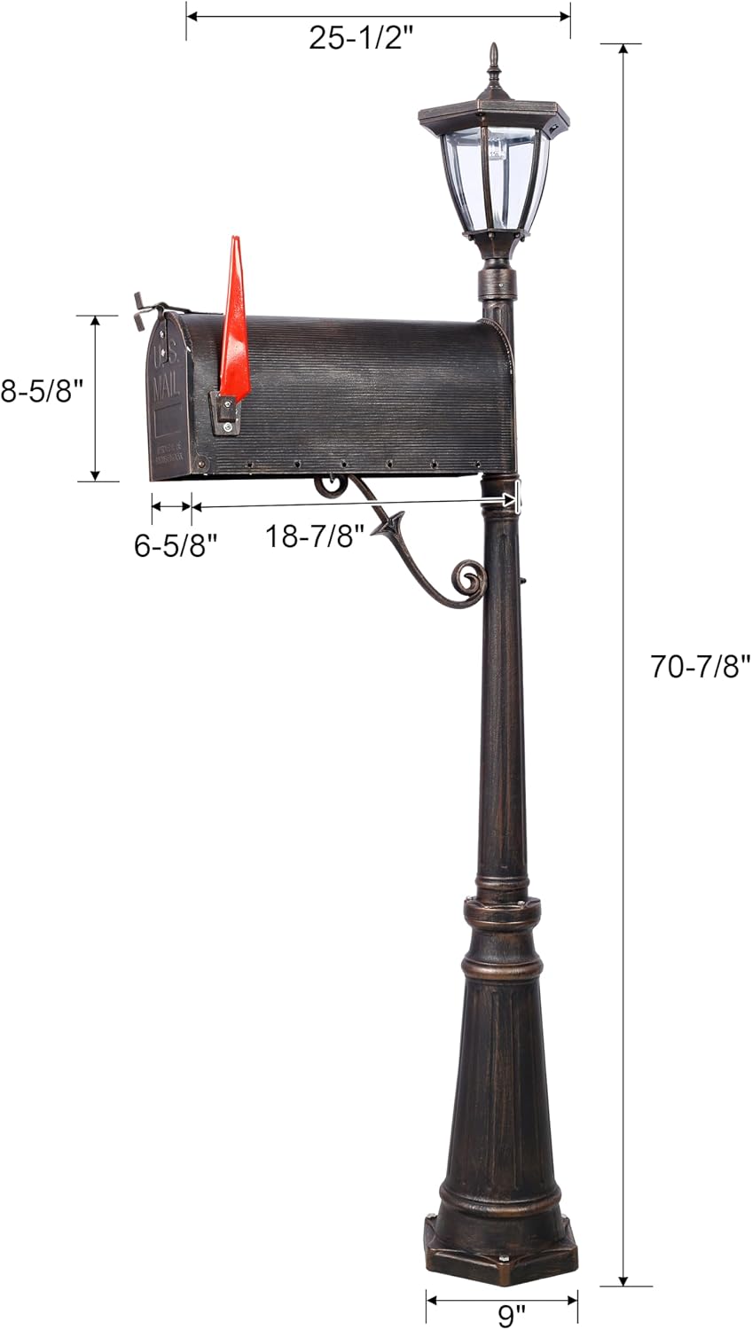 Aluminum Mailboxes for Outside with Post and Solar Light, Heavy Duty Cast Aluminum Mailboxes, Mailbox Post Large Mail Box, Decorative Modern Mailbox, Mailbox Light Combination Kit
