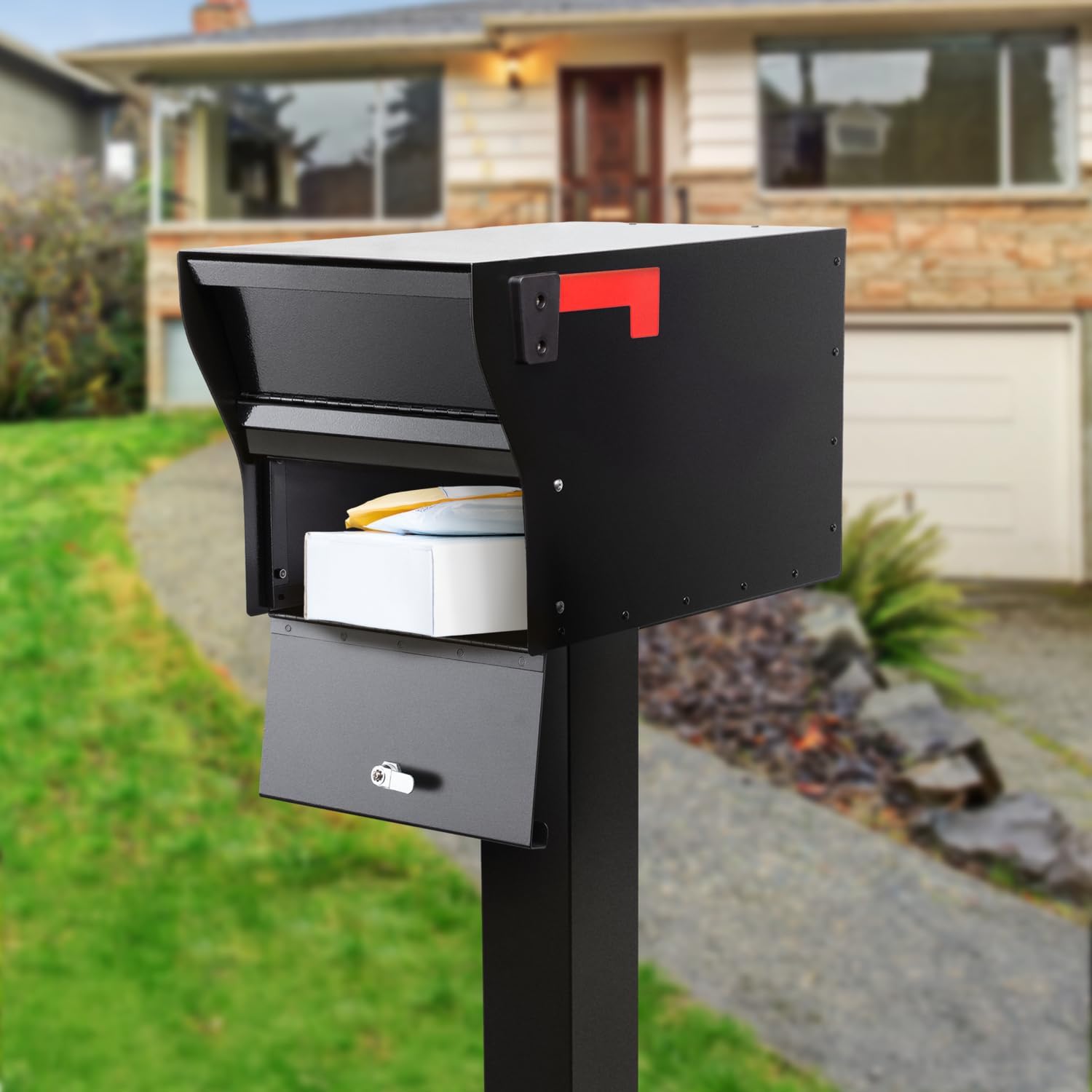 Whitehall MailVault Modern Square Locking Mailbox with Post – Secure Steel Mailbox with Aluminum Post, Weather-Resistant, Includes Assembly Hardware and Instructions