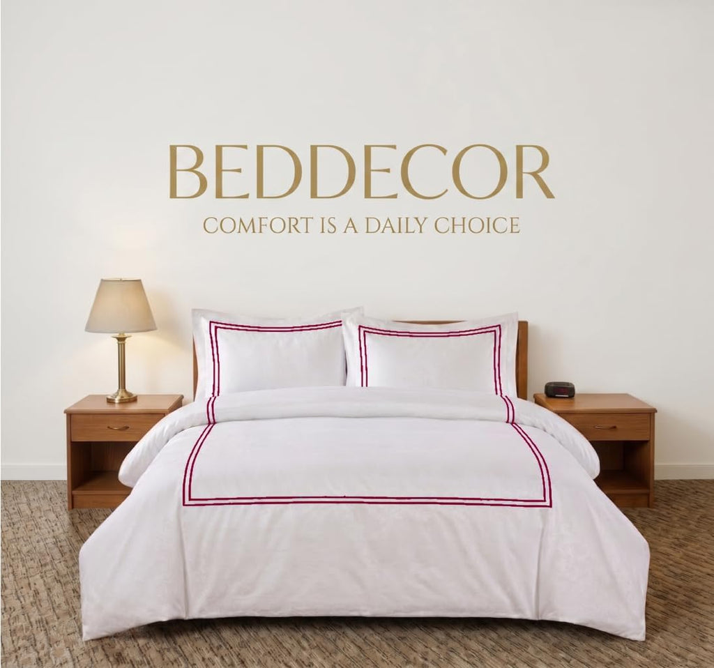 BedDecor Luxury 400-TC Egyptian Cotton 5PC Embroidered Duvet Cover Set with Beautiful 2-Stripe Embroidery(Burgundy, Full/Queen)