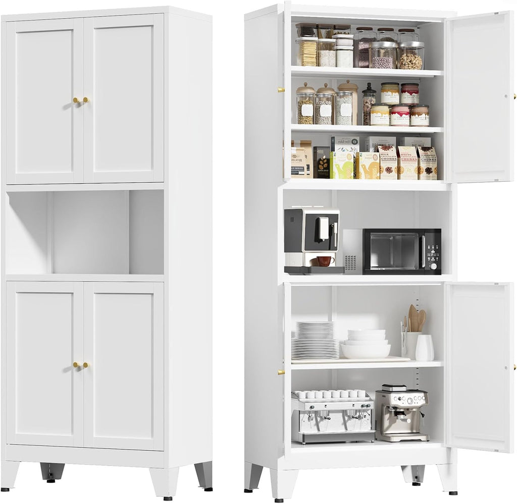 White Metal Kitchen Pantry Cabinet, 69' Tall Storage Cabinet with 4 Doors and 3 Adjustable Shelves, Freestanding Cupboards with Microwave Stand for Dining Room, Living Room, Bathroom