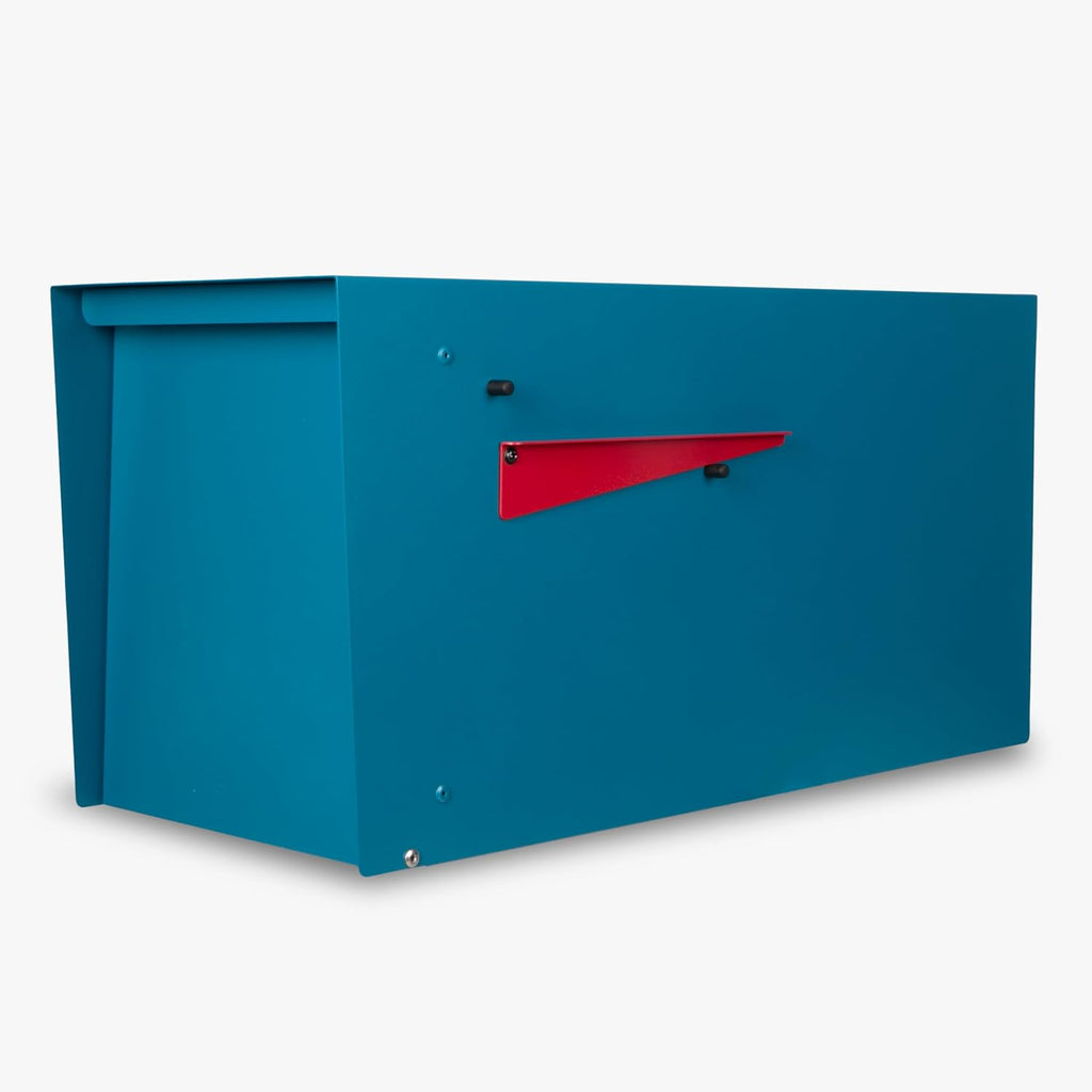 Ilyapa Modern Mailbox for Outside Post Mount - Blue Powder Coated Metal Mailbox, Waterproof Letter Box for Parcels, Recessed Magnetic Close Door