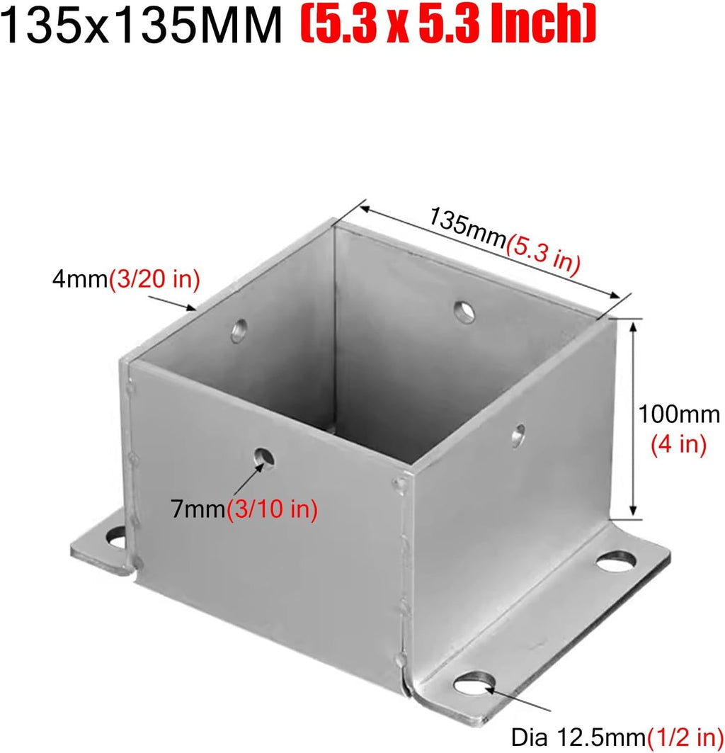 4 Pack Wood Fence Post Base Brackets, Concrete Post Anchor for Deck Railing/Vinyl Fence/Mailbox, Enclosed Bottom Pergola Support Bracket with Installation Kit(135x135 mm (5.3x5.3 in))