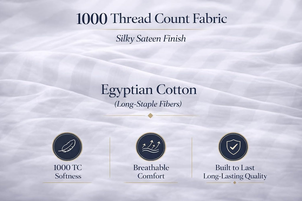 100% Egyptian Cotton Sheets Queen Size – 1000 Thread Count Luxury Hotel Sateen Weave Sheet Set, Soft & Breathable, 17' Deep Pocket, 4-Piece White Striped Bedding, All-Season Comfort