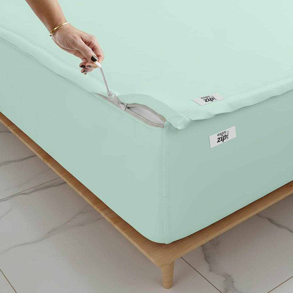COTTON STICH 600 TC Zipper Fitted Sheet, 100% Egyptian Cotton, 18' Deep Pocket, Easy Zip Change, All-Around Secure Fit - Queen Size Bed - Apple Green