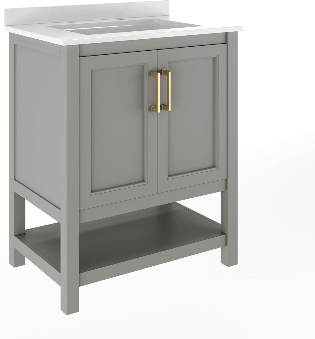 Flash Furniture Vega 30 Inch Bathroom Vanity with Sink Combo, Storage Cabinet with Soft Close Doors and Open Shelf, Carrara Marble Finish Countertop, Gray/White