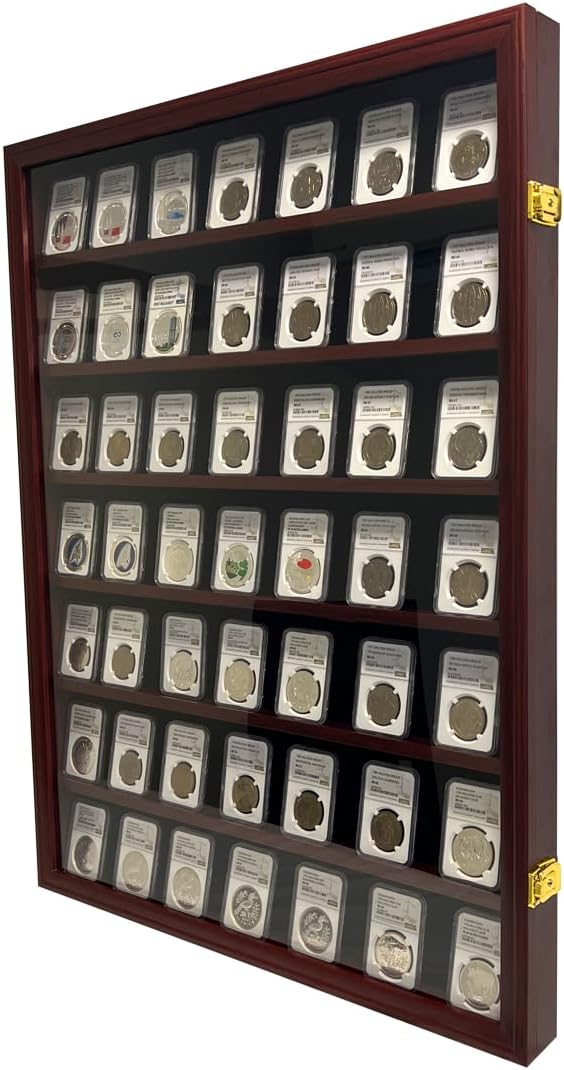 Wall-Mounted Walnut (7 Rows) NGC PCGS ICG Wooden Coin Slab Display Case Holder Frame Cabinet Storage for Coin Collection Medal Badges Sport Card Trading Card Collectibles Organization
