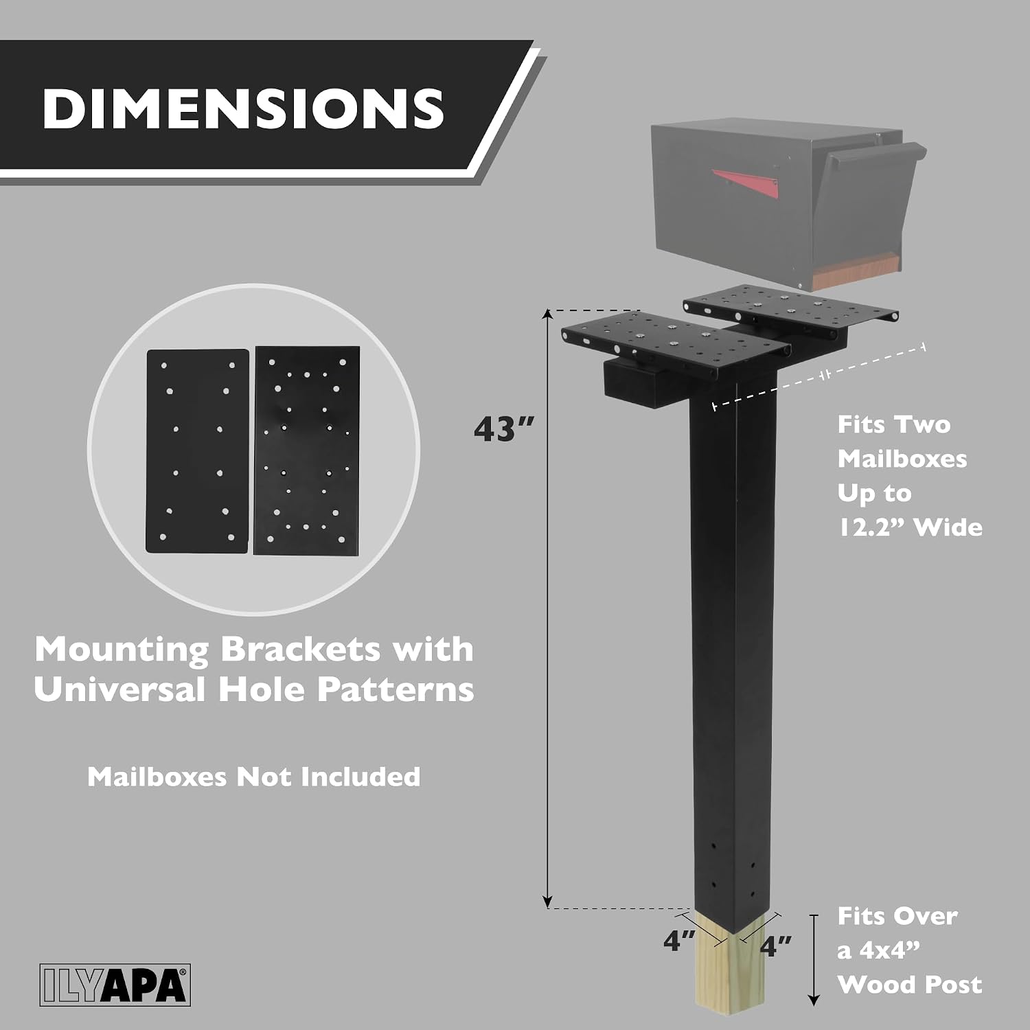 Ilyapa 43' Black Double Mailbox Post for Outside and Mailbox Post Mounting Bracket
