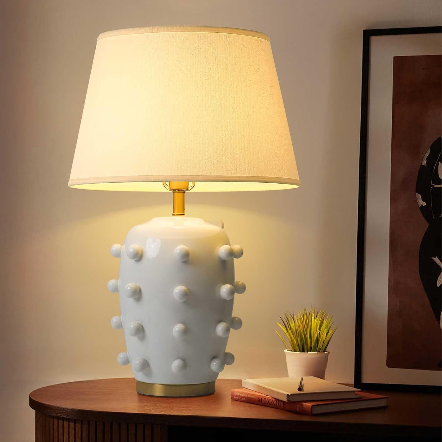 Modern Ceramic Linden Table Lamp - 26' White Ball Farmhouse Design, Classic Table Lamp Pottery Tapered Drum Shade for Living Room, Bedroom, Office, and Home （White）