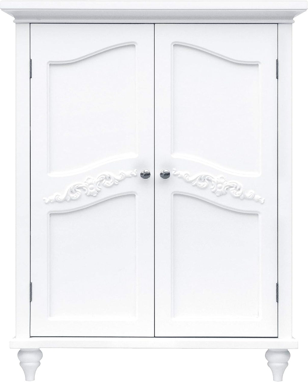 Teamson Home Versailles Wooden Freestanding Floor Storage Cabinet with 2 Adjustable Interior Shelves 3 Storage Spaces and 2 Floral Scroll Doors, White