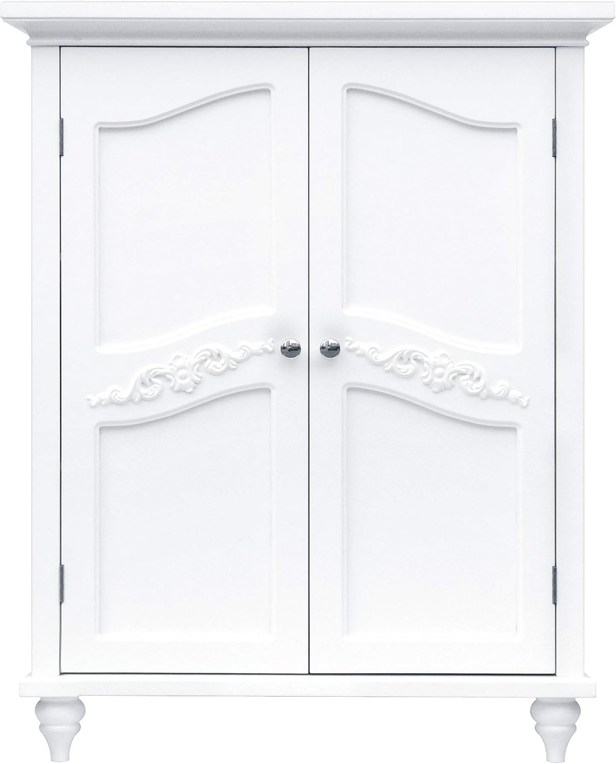 Teamson Home Versailles Wooden Freestanding Floor Storage Cabinet with 2 Adjustable Interior Shelves 3 Storage Spaces and 2 Floral Scroll Doors, White