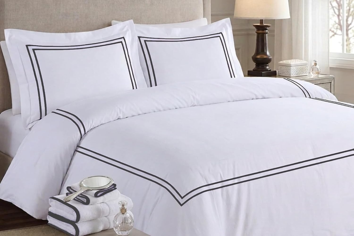 BedDecor Luxury 400-TC Egyptian Cotton 5PC Embroidered Duvet Cover Set with Beautiful 2-Stripe Embroidery(Dark Grey, Full/Queen)