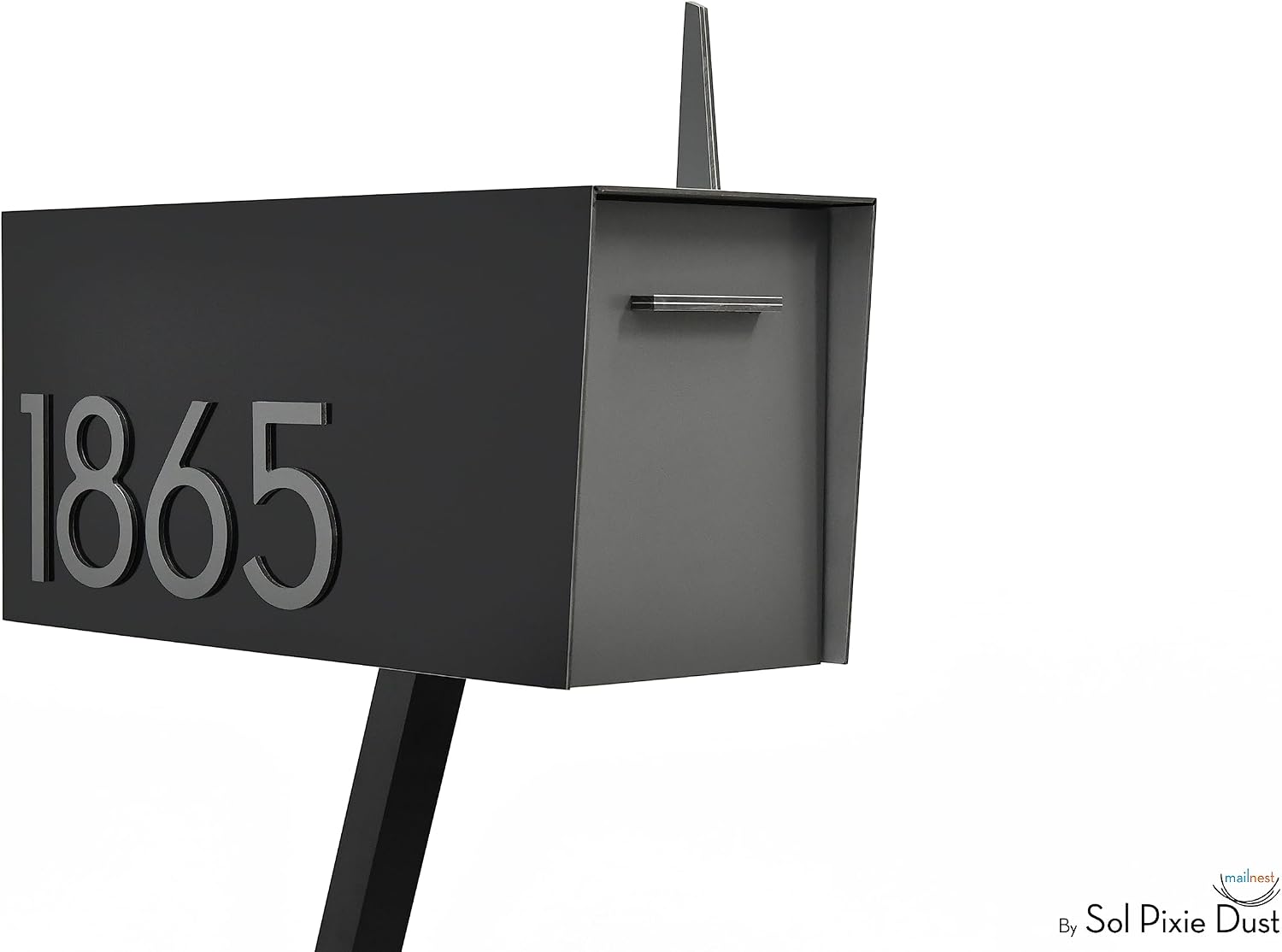 Contemporary Post-Mount Mailbox - Aluminum Black Body with Aluminum Door, Numbers and Flag - Large Customized Mailbox - Type 4 (Gray)