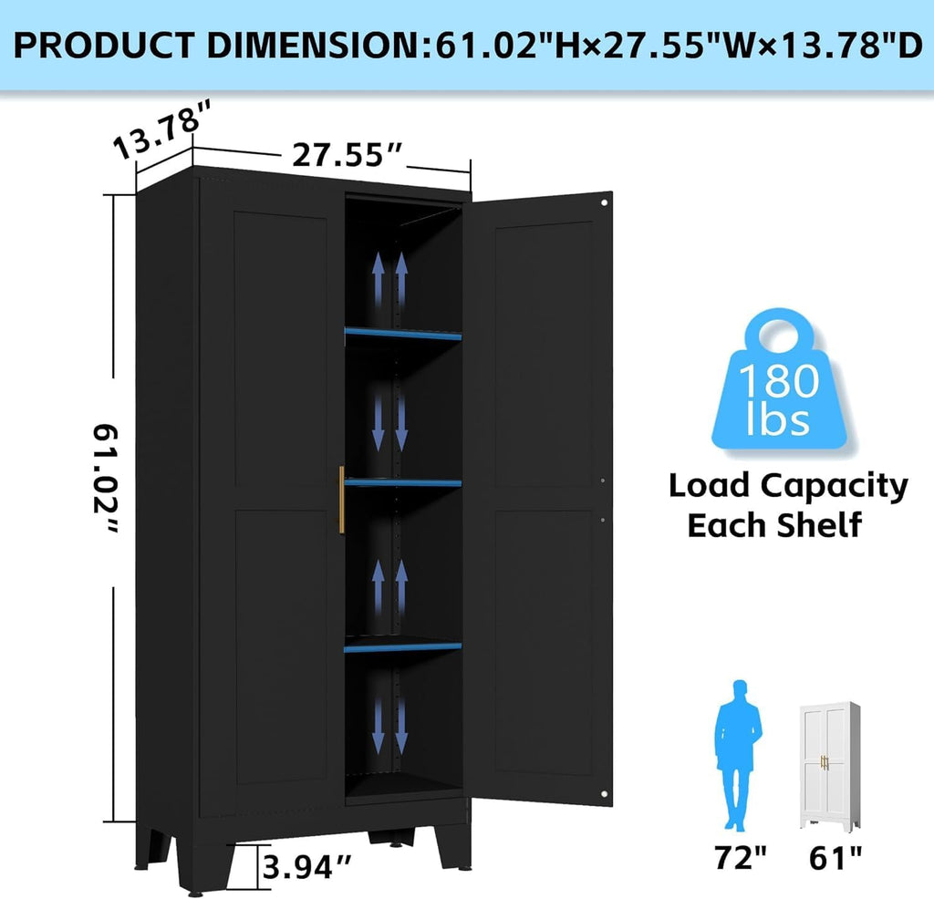 erosoei 61.02'H Metal Pantry Storage Cabinet, Kitchen Storage Cabinets with Adjustable Feet and Shelves, Pantry Cabinet for Kitchen, Living Room, Laundry Room and Dinning Room