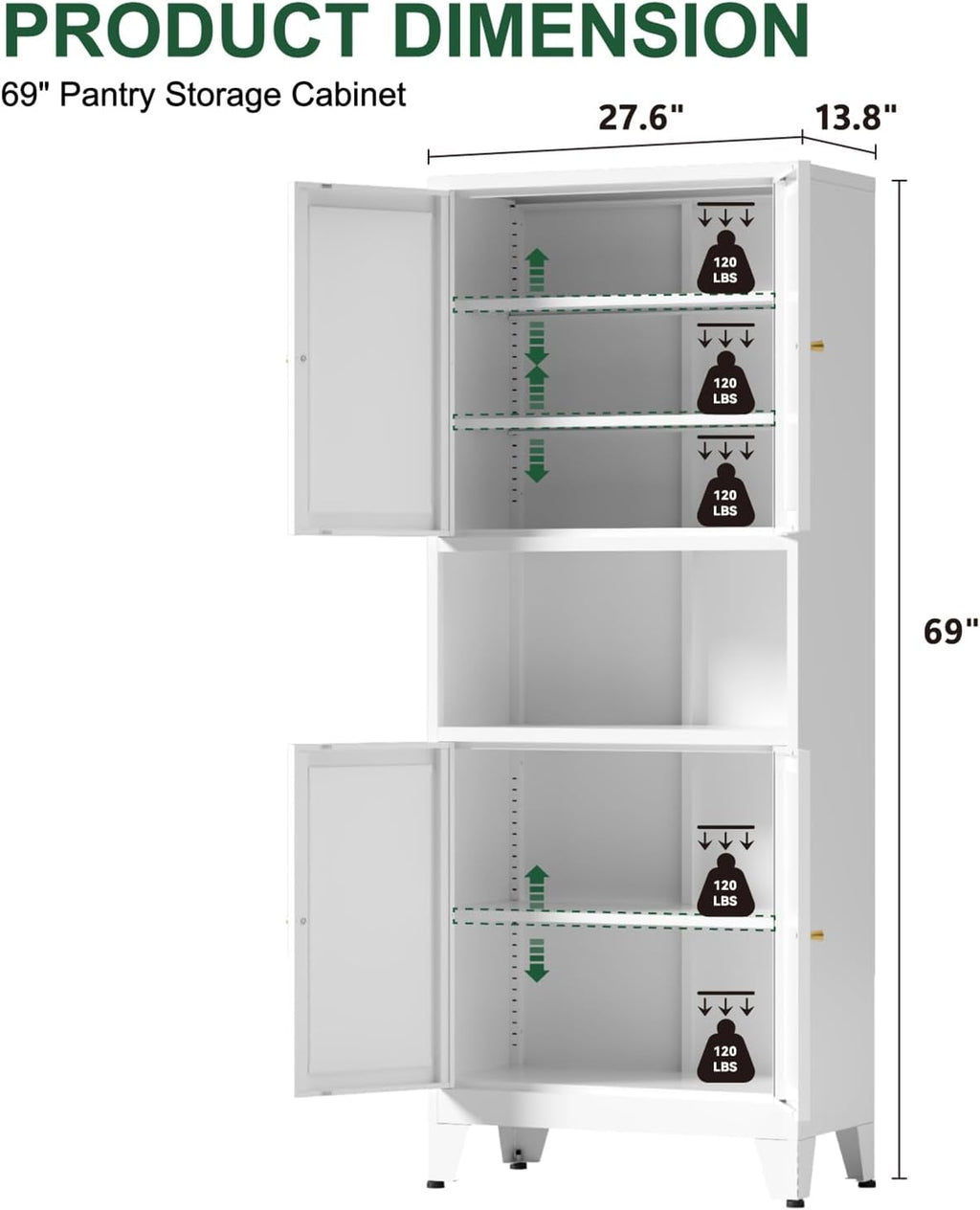 White Metal Kitchen Pantry Cabinet, 69' Tall Storage Cabinet with 4 Doors and 3 Adjustable Shelves, Freestanding Cupboards with Microwave Stand for Dining Room, Living Room, Bathroom