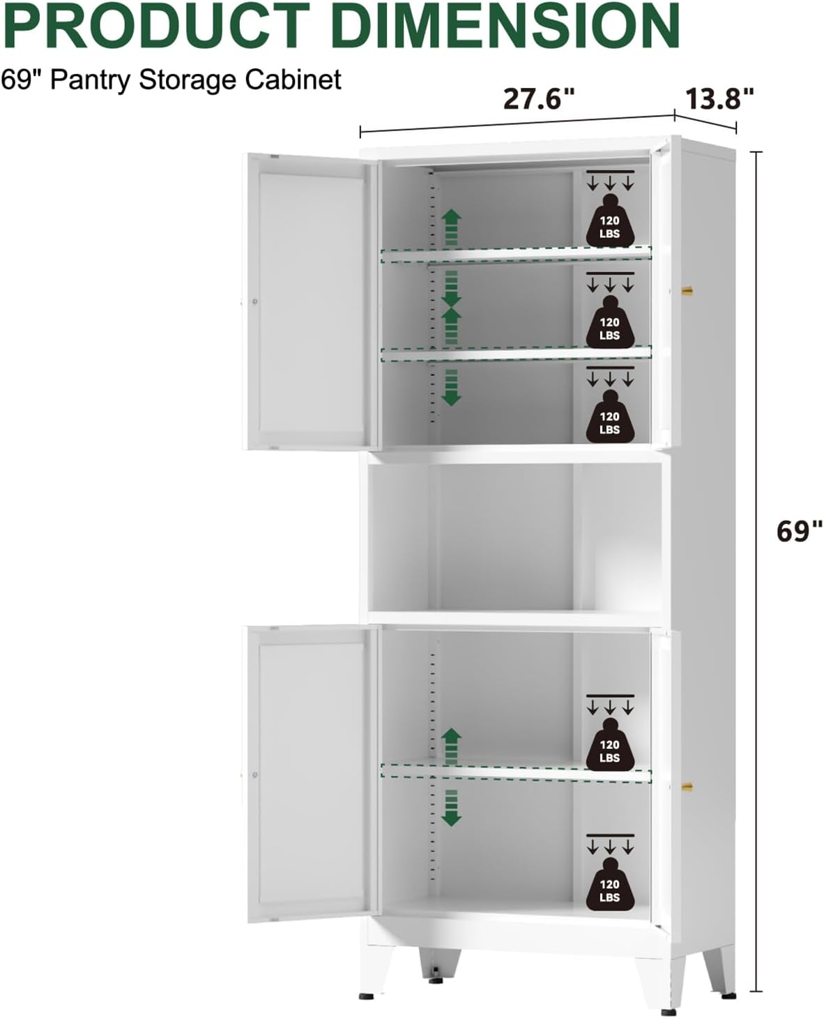 White Metal Kitchen Pantry Cabinet, 69' Tall Storage Cabinet with 4 Doors and 3 Adjustable Shelves, Freestanding Cupboards with Microwave Stand for Dining Room, Living Room, Bathroom