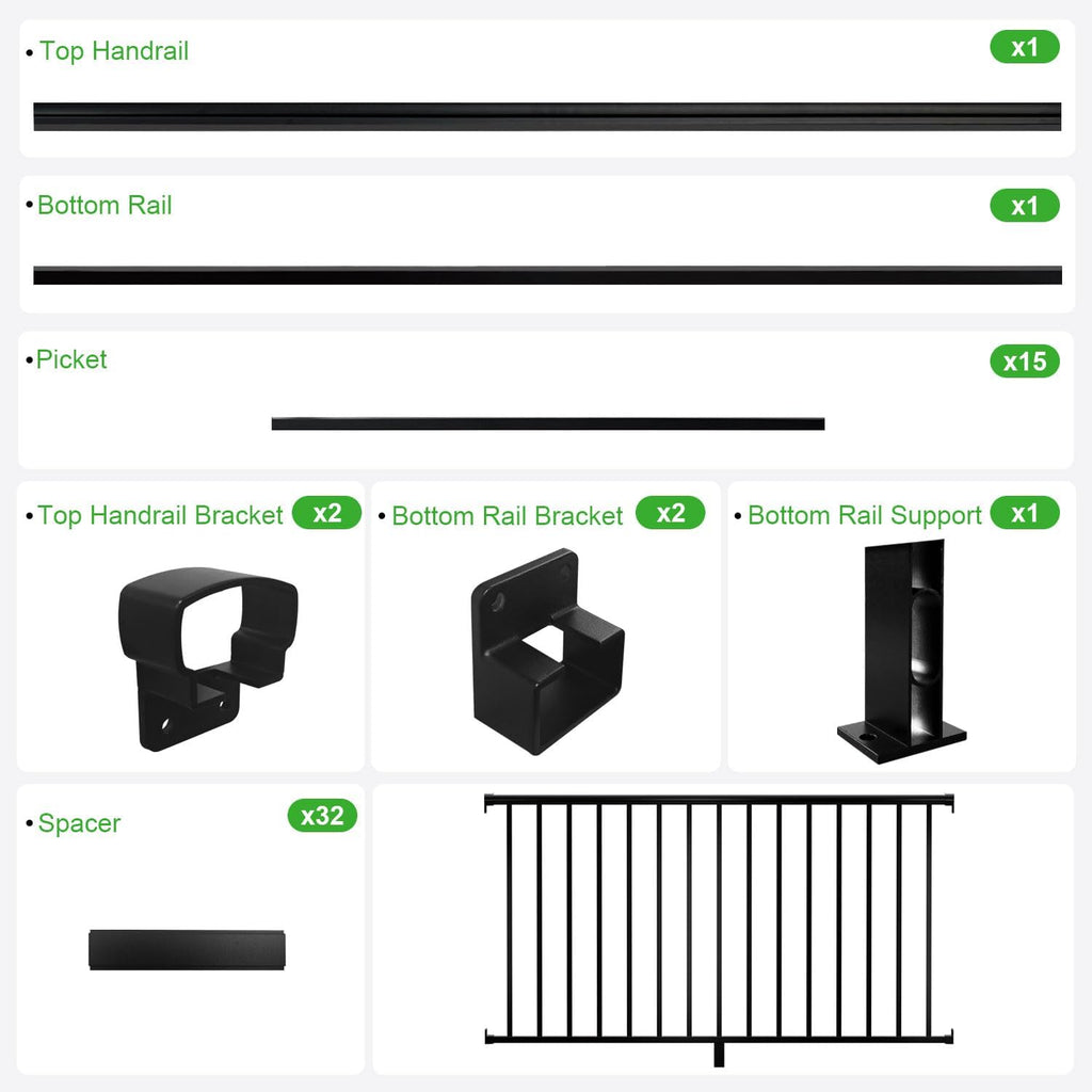 36 in. H x 6 ft. Heavy Duty BH Aluminum Straight Picket Railing, Porch and Deck Railing Kit Supports Up to 800 Lbs, IBC Compliant and Certified, AAMA2604 Powder Coating, Textured Black