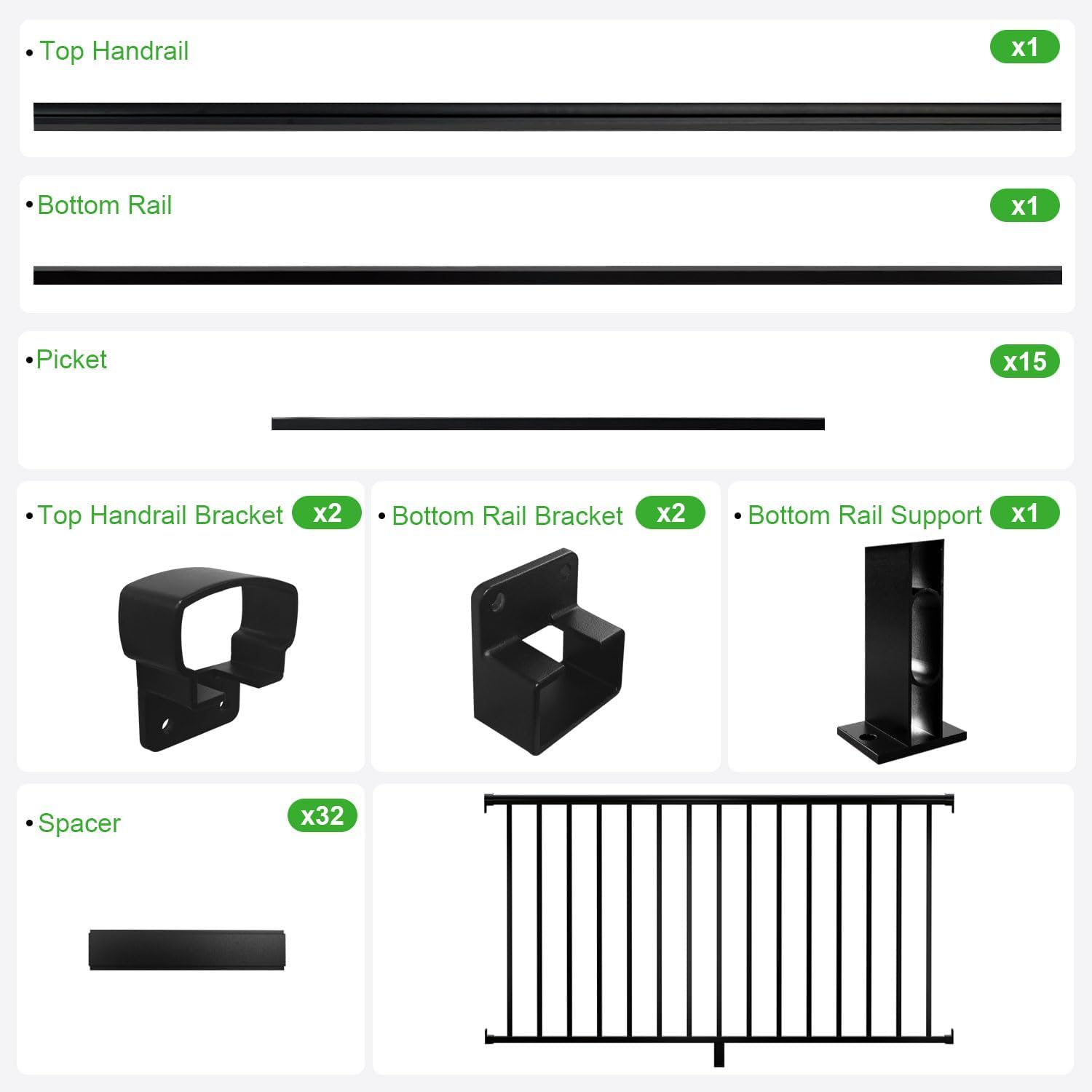 42 in. H x 6 ft. Heavy Duty BH Aluminum Straight Picket Railing, Porch and Deck Railing Kit Supports Up to 800 Lbs, IBC Compliant and Certified, AAMA2604 Powder Coating, Textured Black