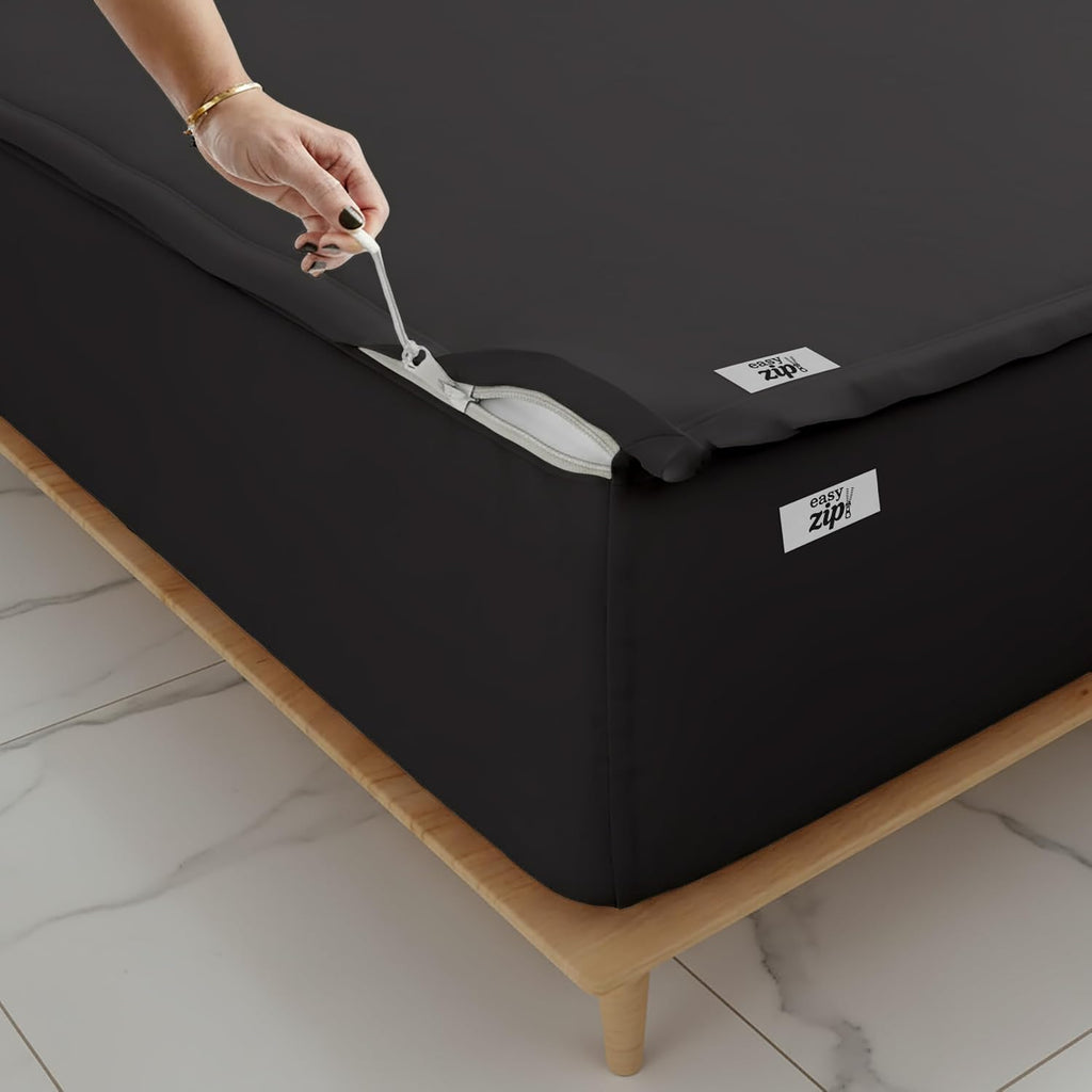 COTTON STICH 600 TC Zipper Fitted Sheet, 100% Egyptian Cotton, 18' Deep Pocket, Easy Zip Change, All-Around Secure Fit - Queen Size Bed - Black