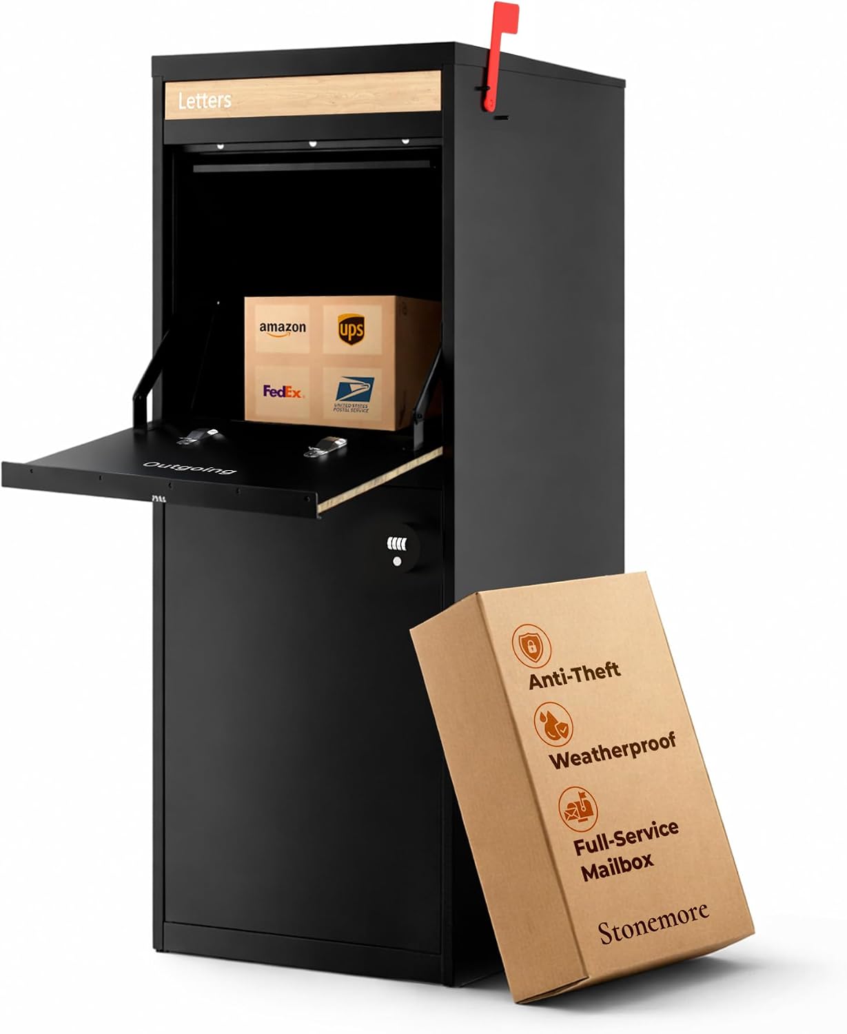 Hudson USPS Compatible Mailbox, Classic Black/Oak Package Mailbox, Anti-Theft Locking Parcel Drop Box for Porch Or Curbside, Large Mailbox for Packages, Weather-Sealed Powder Coated Steel