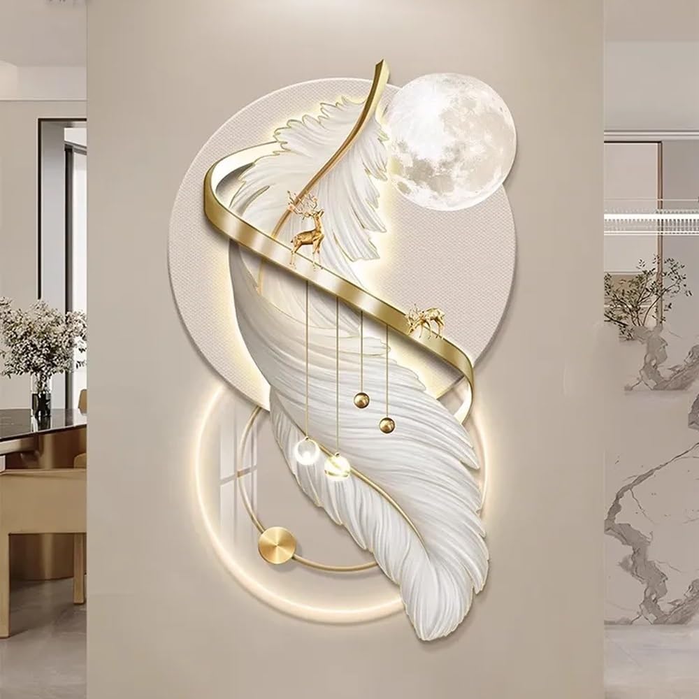 Feather Wall Decor, 3D Wall Painting with Light, Plug-in Power Supply 3D Wall Art Decor with Led Lights, Art for Walls for Living Room Entrance Corridor(A,48x80cm/18.9x31.5in)