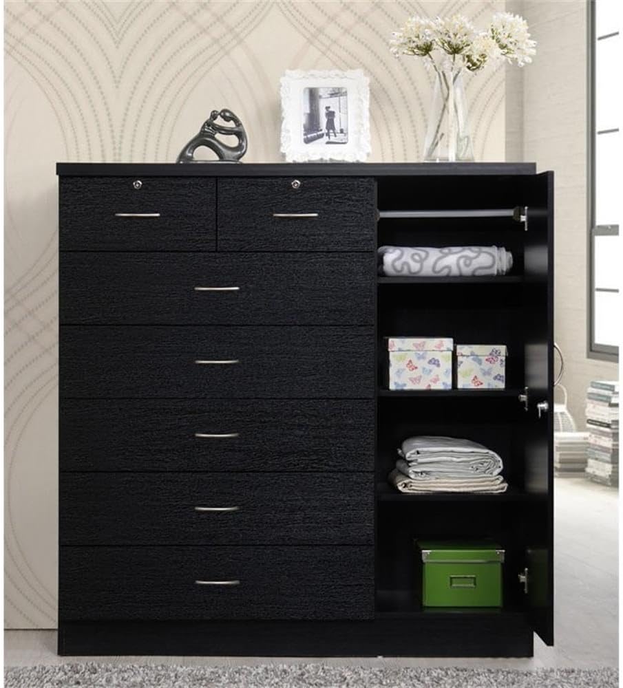 BOWERY HILL 7 Drawer Chest, Wood Construction, Black Finish, Lockable Top Drawers, Side Door with Shelves and Hanging Rod, Adjustable Cabinet Shelves, 48.6 in H x 47.2 in W x 17.6 in D