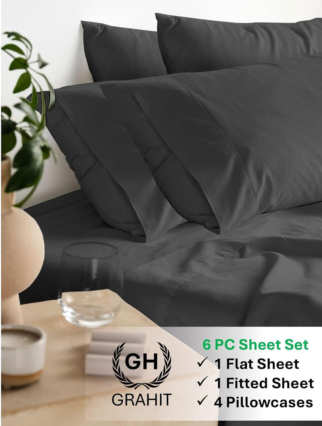 100% Egyptian Long Staple Cotton Bedsheet Set, 800 Thread Count, 6-PC Sheets Set, Charcole Grey Color, Queen Size, 15 Inch Deep Pocket of Fitted Sheet, Soft Sateen Weave Breathable