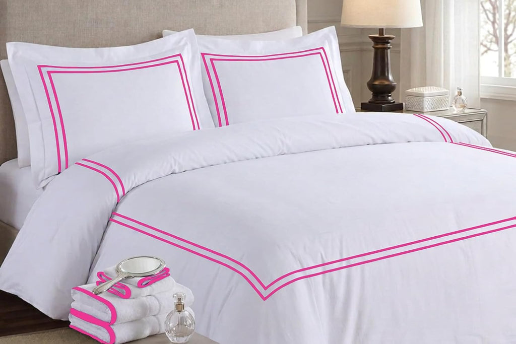 BedDecor Luxury 400-TC Egyptian Cotton 5PC Embroidered Duvet Cover Set with Beautiful 2-Stripe Embroidery(Hot Pink, Full/Queen)