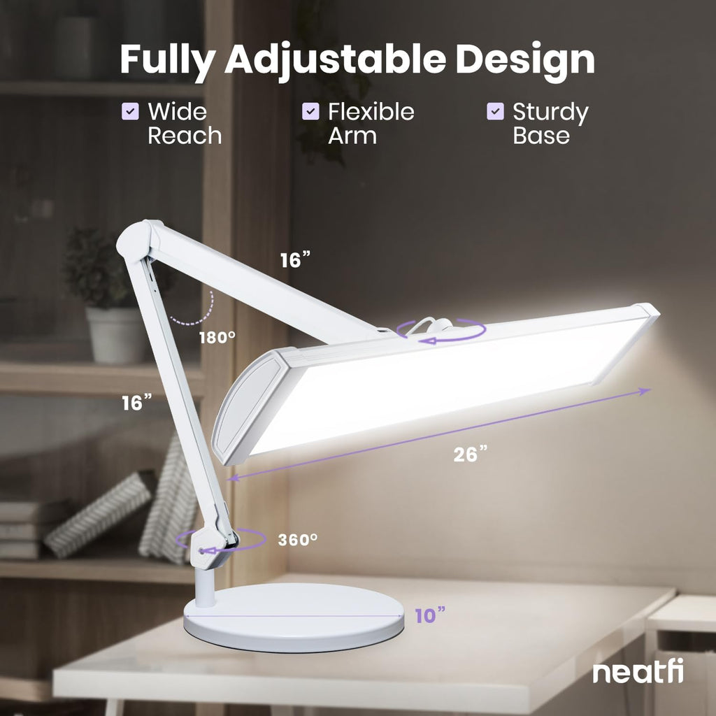 Neatfi 3,500 Lumens LED Desk Lamp with Base – 45W Dimmable | CCT - Adjustable Color Temperature | 3 Light Modes | 540 SMD LEDs | Reading, Craft, Workbench & Office (White-4, 26-Inch Wide Shade)