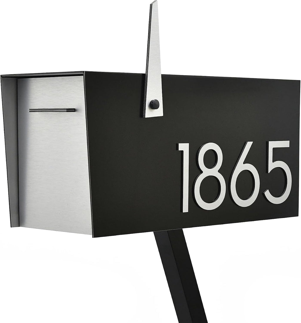 Contemporary Post-Mount Mailbox - Aluminum Black Body with Aluminum Door, Numbers and Flag - Large Customized Mailbox - Type 4 (Brush Silver)