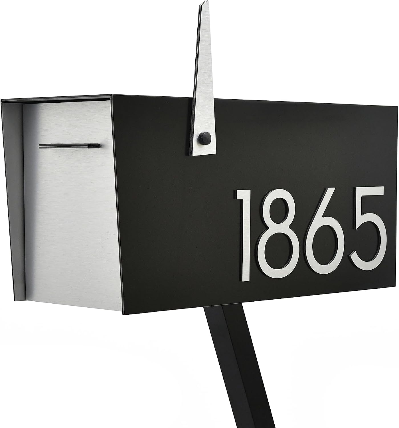 Contemporary Post-Mount Mailbox - Aluminum Black Body with Aluminum Door, Numbers and Flag - Large Customized Mailbox - Type 4 (Brush Silver)